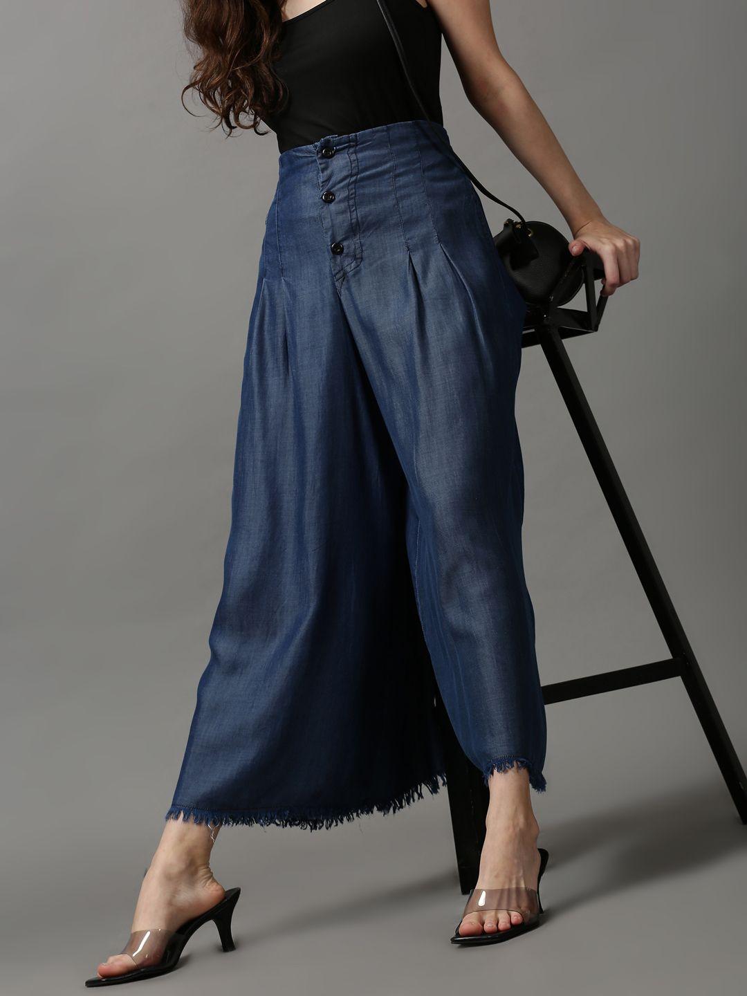 showoff women blue flared pleated culottes trouser