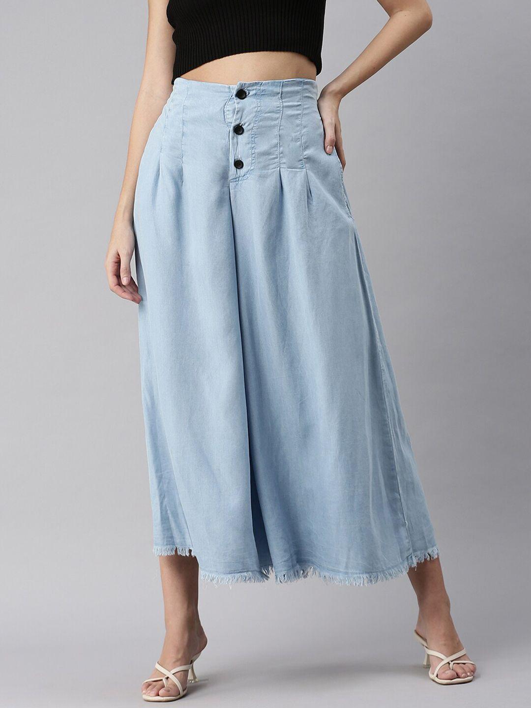 showoff women blue high-rise pleated culottes trousers