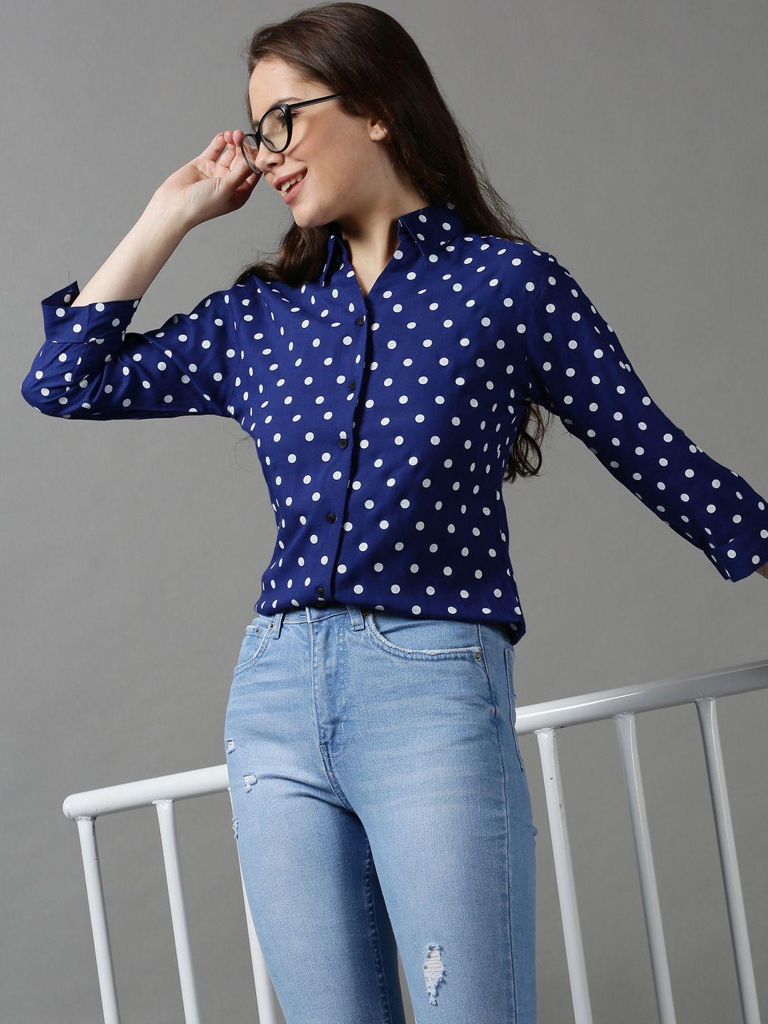 showoff women blue polka dot printed casual cotton shirt
