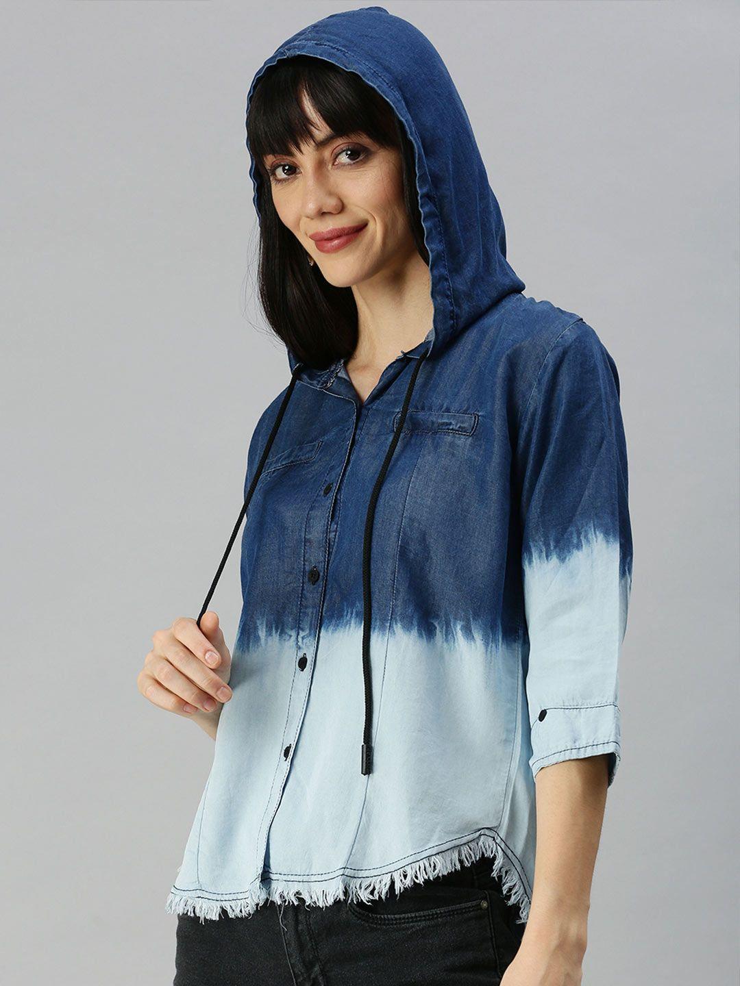 showoff women blue relaxed faded regular fit ombre hooded casual shirt