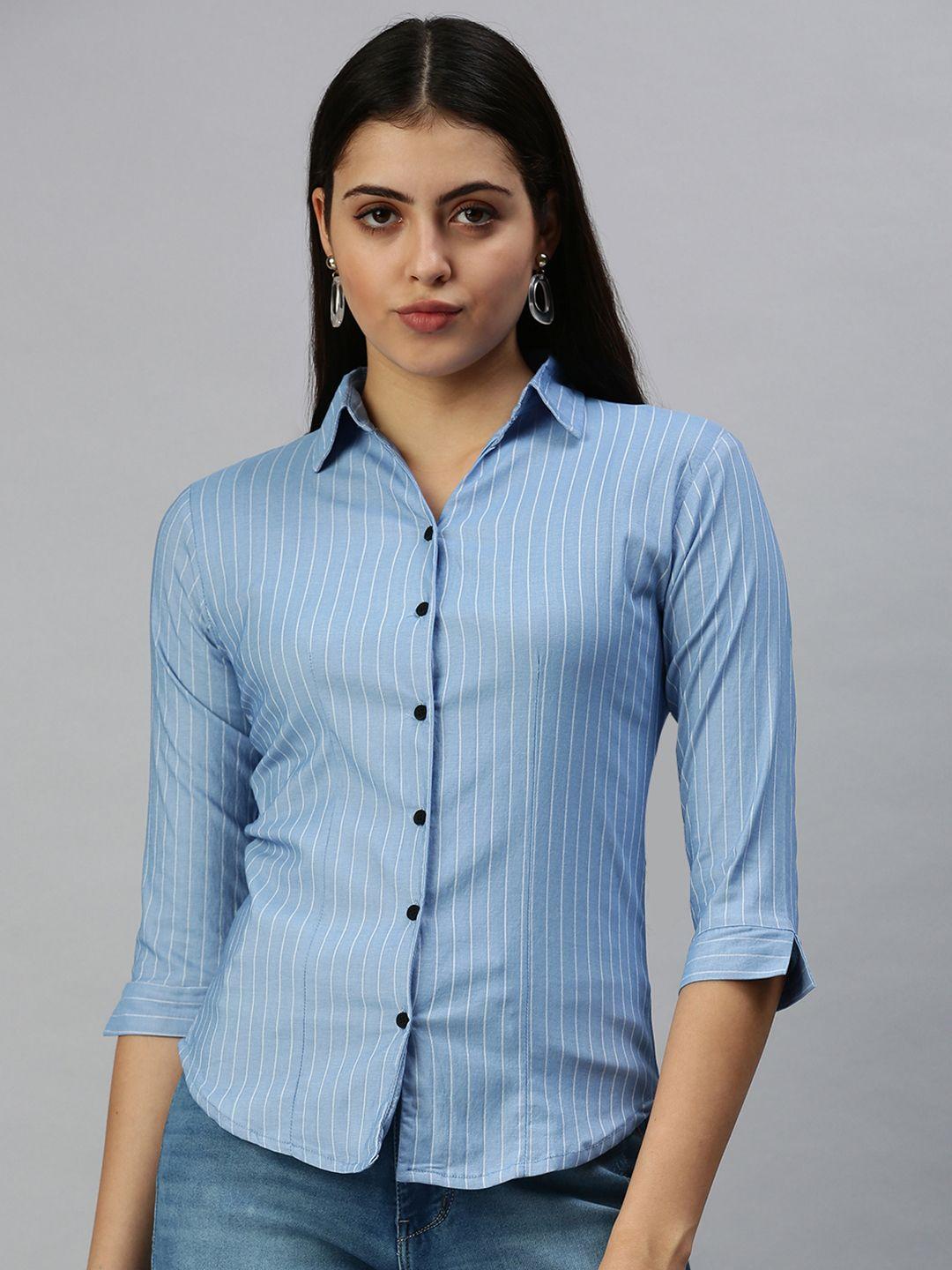 showoff women blue semi skinny fit striped casual shirt