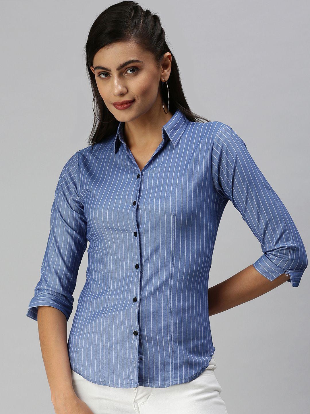 showoff women blue semi skinny fit striped casual shirt