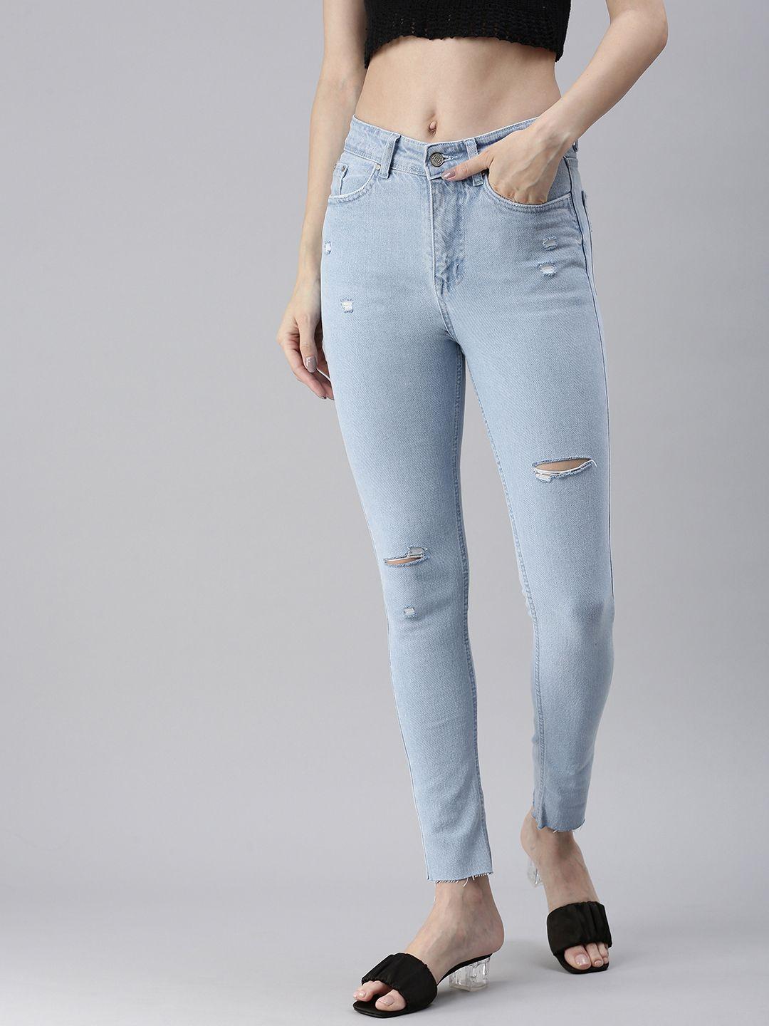 showoff women blue skinny fit high-rise mildly distressed stretchable jeans