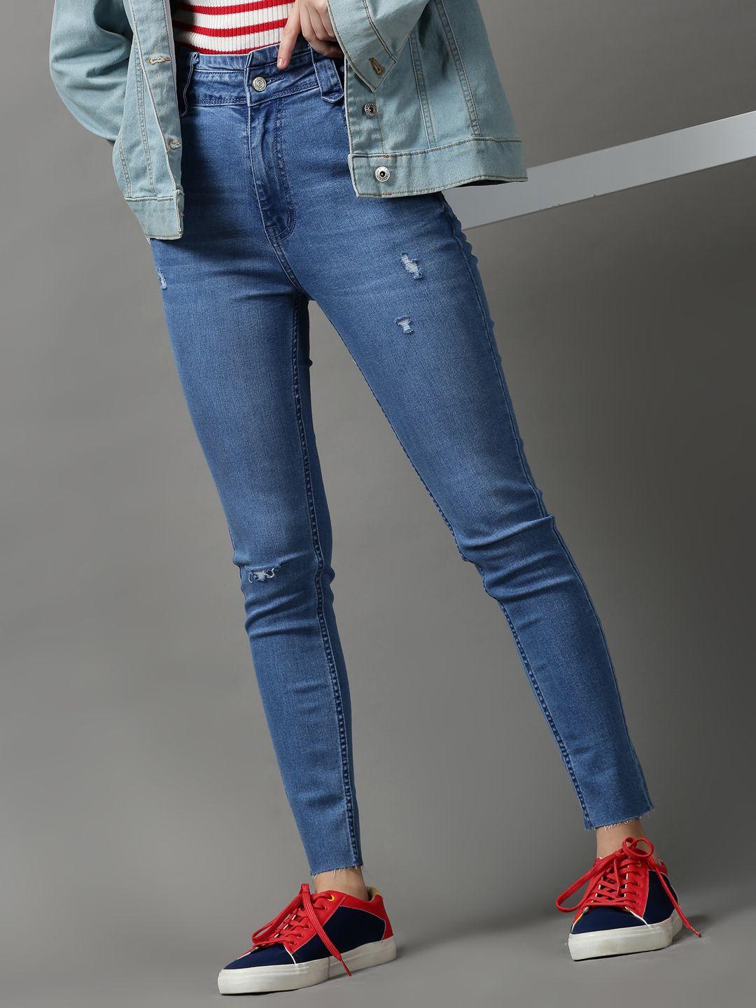 showoff women blue skinny fit mildly distressed light fade stretchable jeans