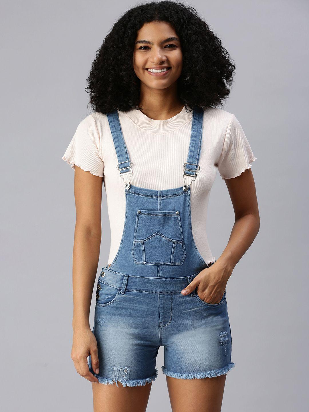 showoff women blue solid short denim dungaree