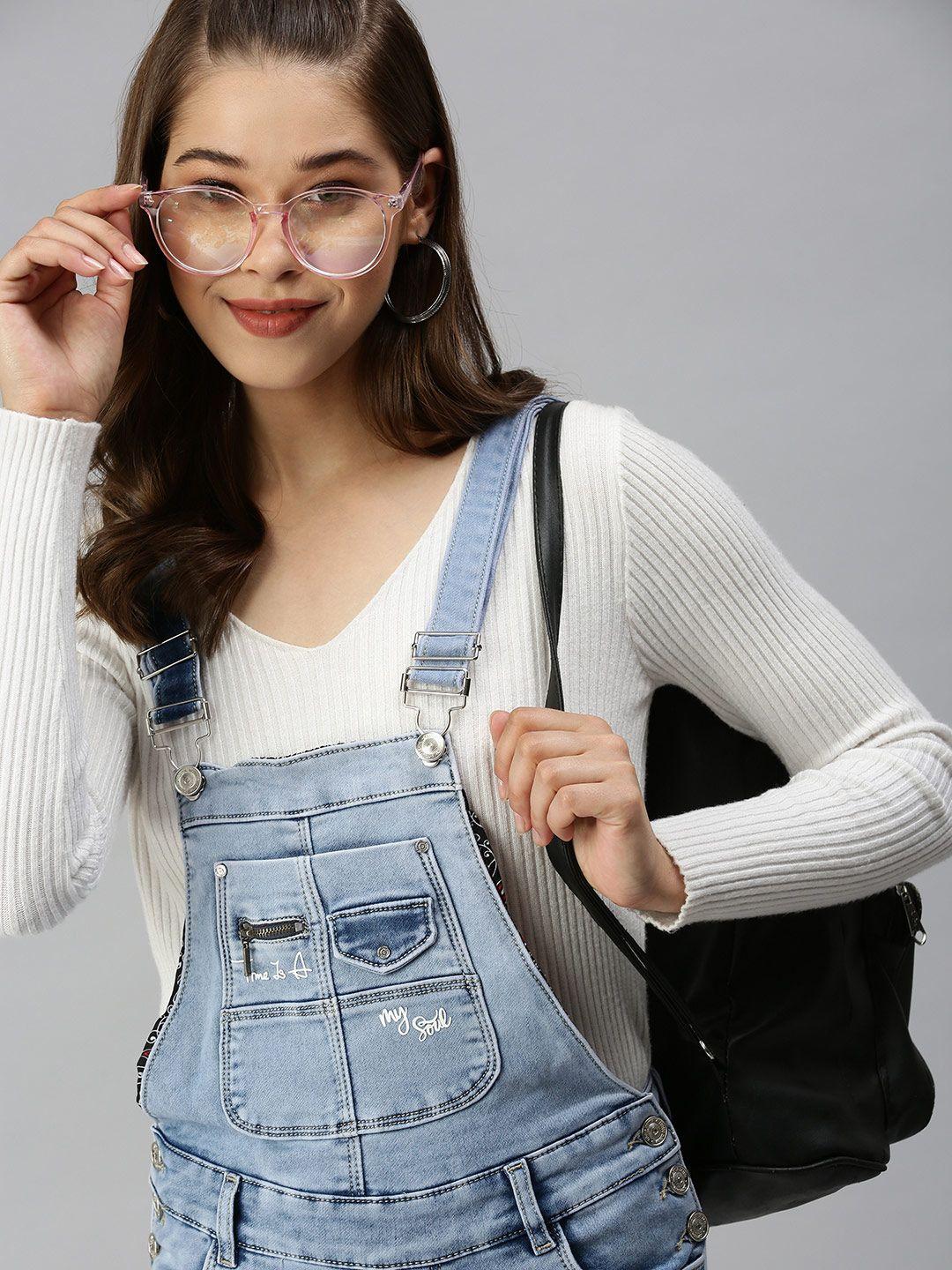 showoff women blue solid short denim slim-fit dungarees