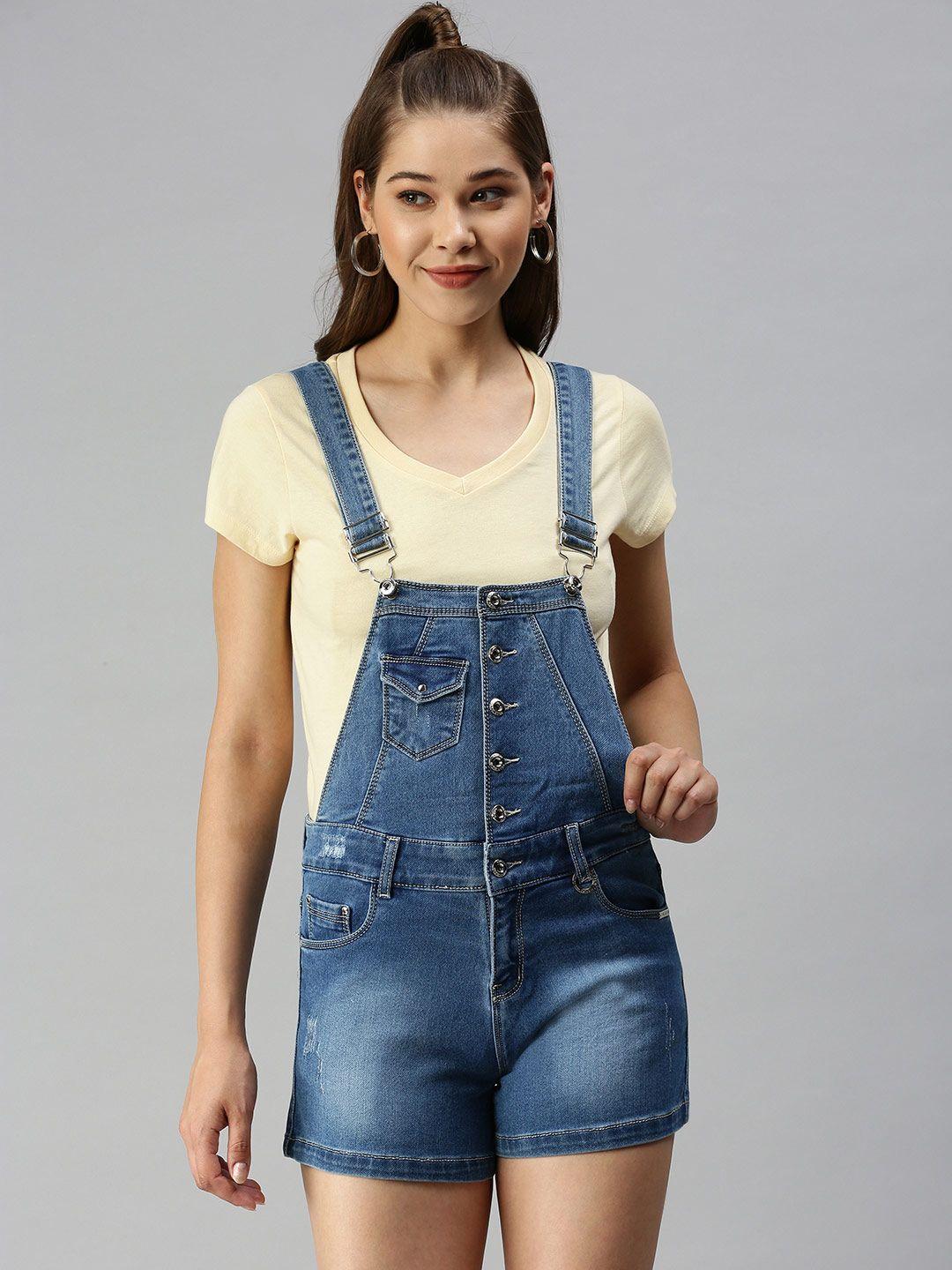 showoff women blue solid slim-fit cotton denim dungarees