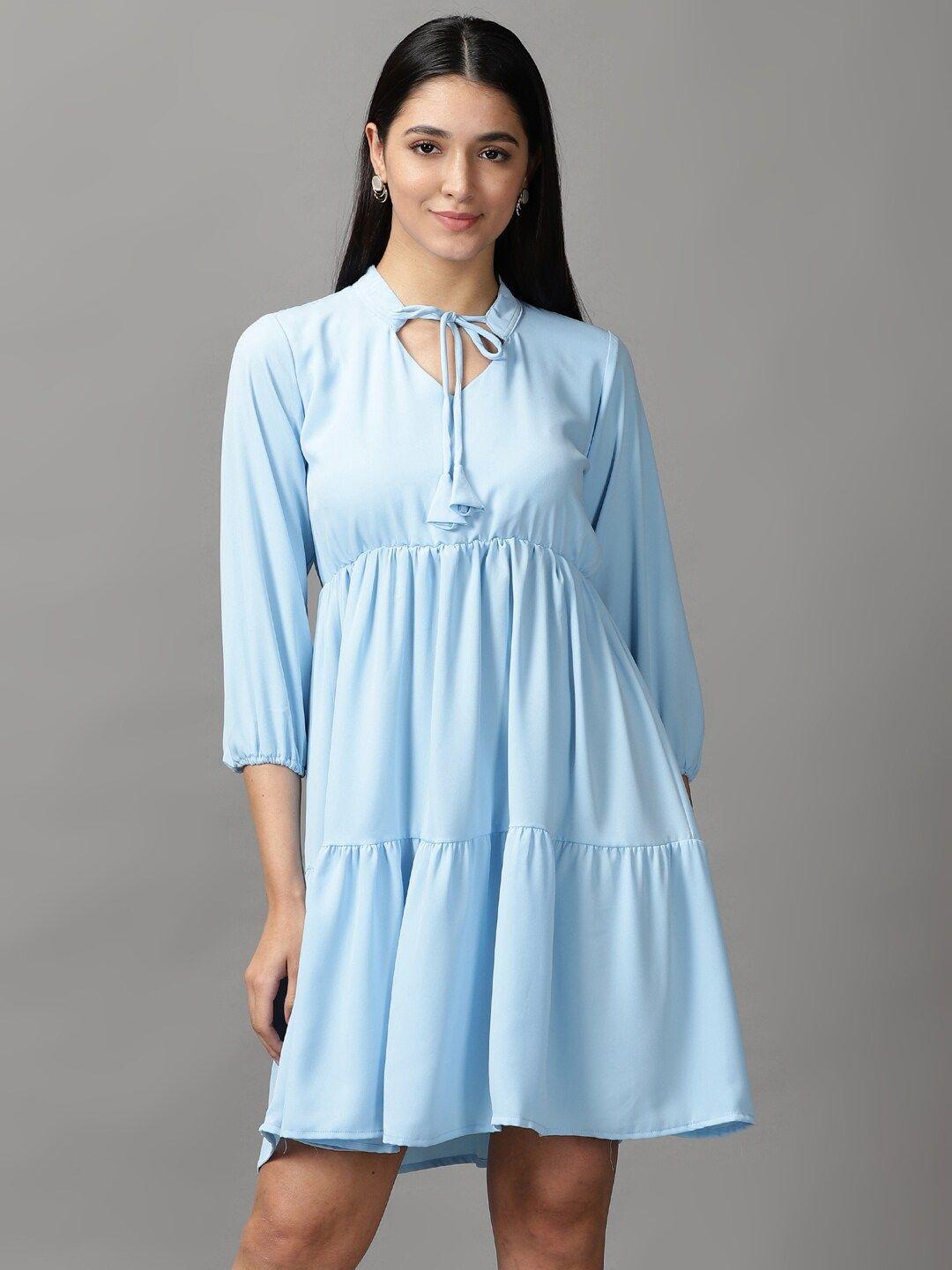 showoff women blue tie-up neck layered dress