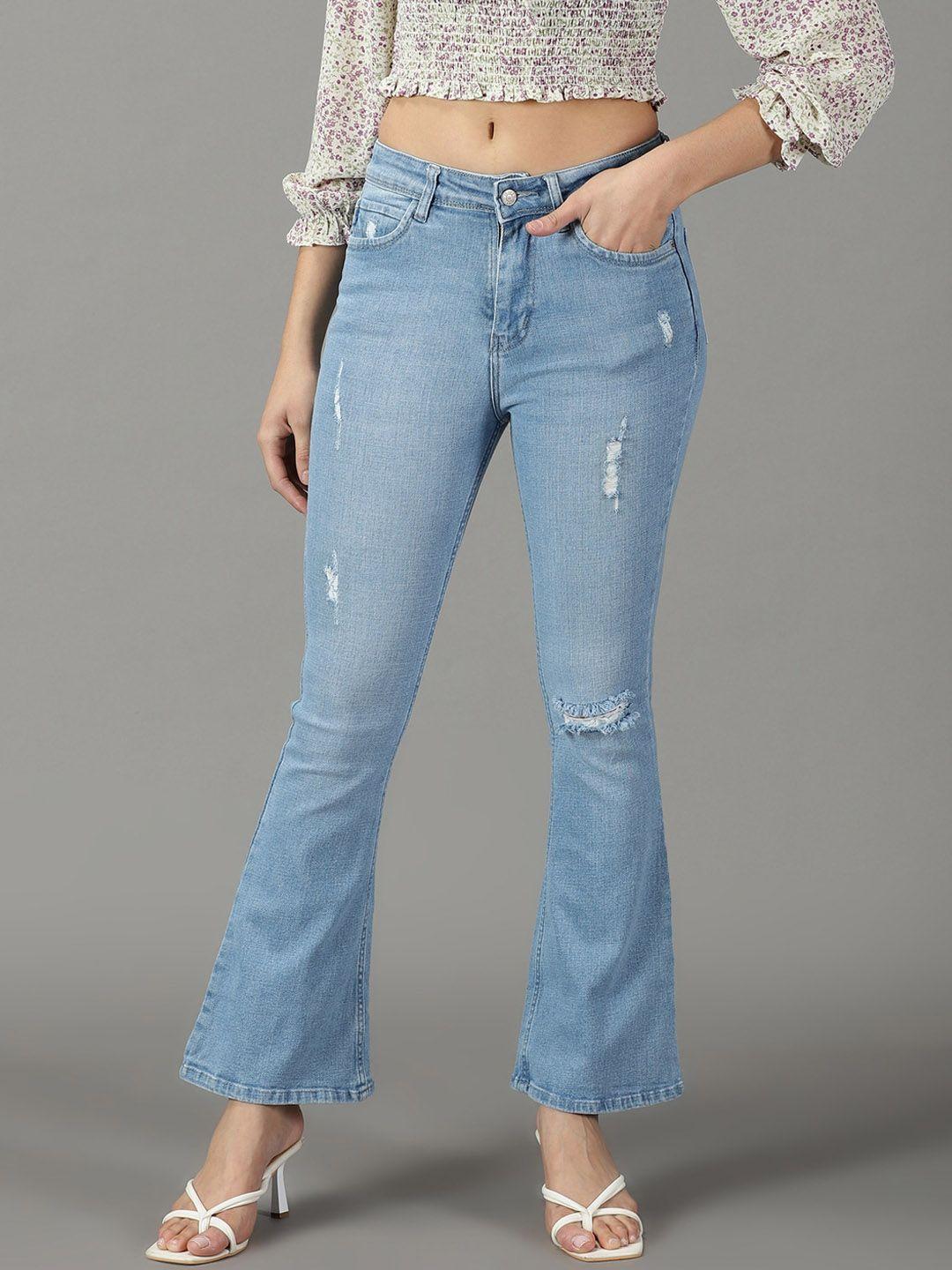 showoff women bootcut high-rise mildly distressed light fade cotton stretchable jeans