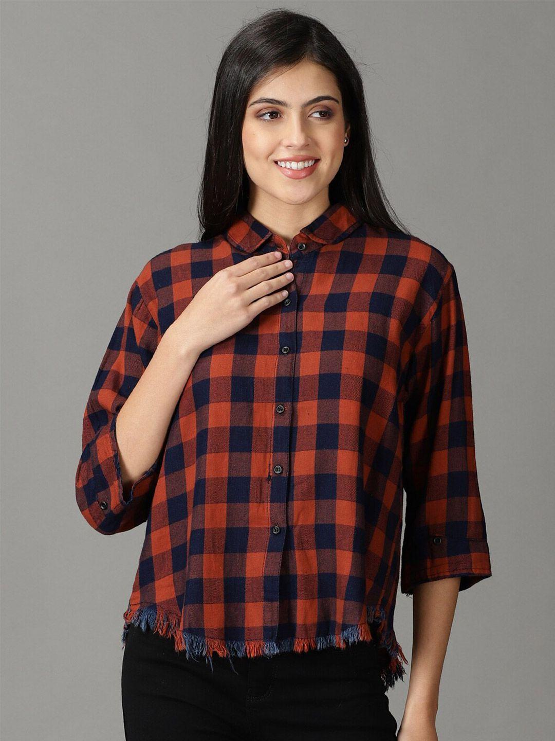 showoff women boxy buffalo checks oversized cotton casual shirt