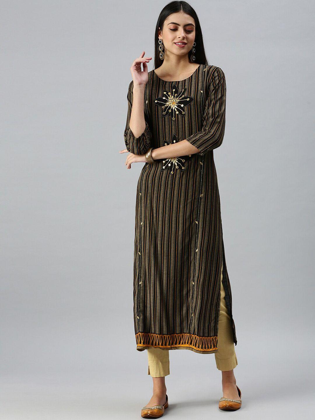 showoff women brown & black striped kurta