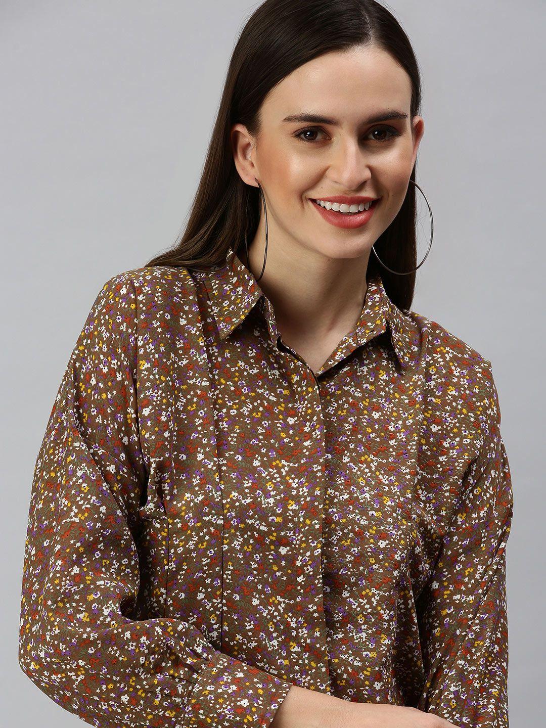 showoff women brown contemporary slim fit floral semi sheer printed casual shirt