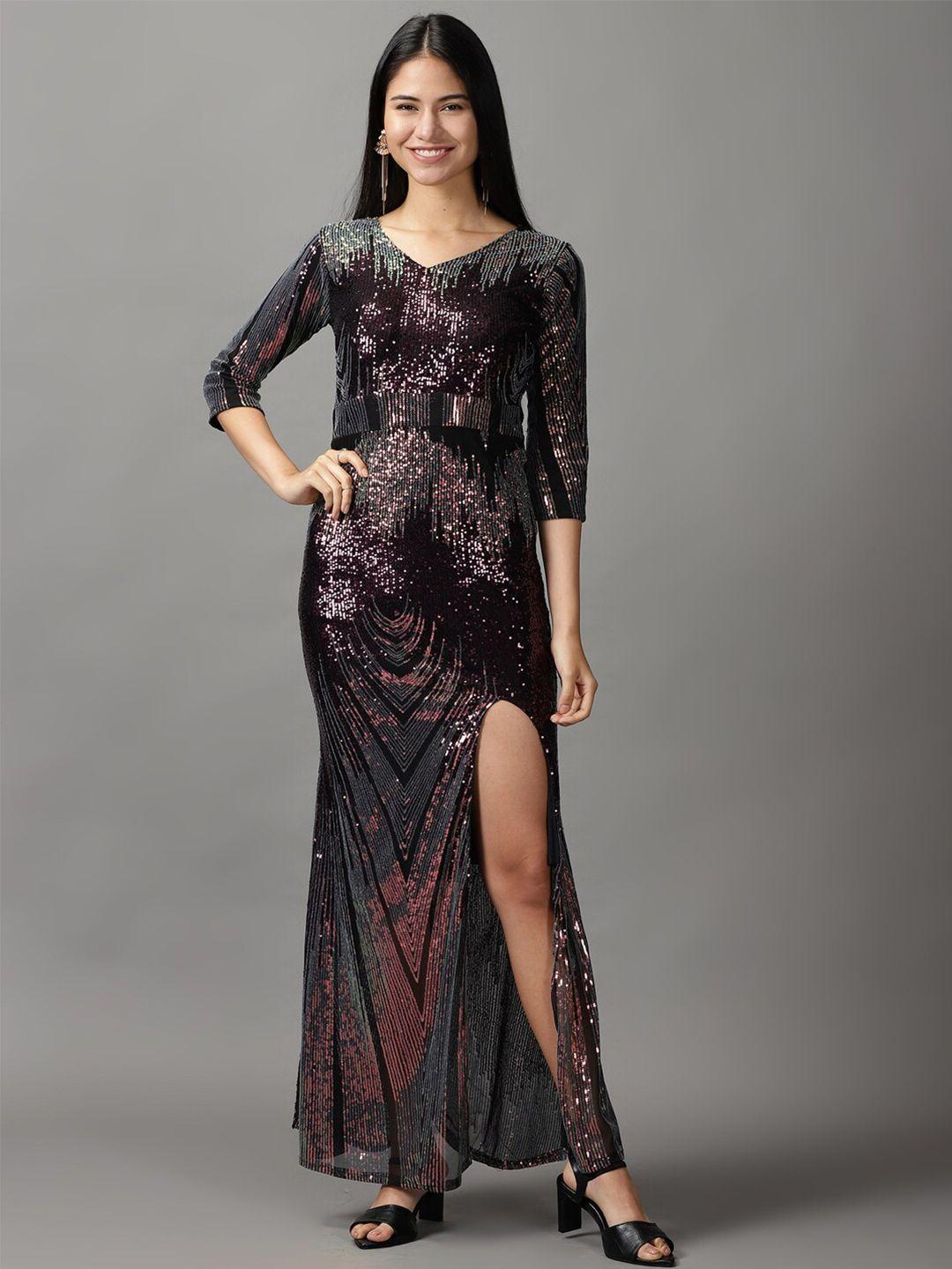 showoff women brown embellished mermaid sequin sheath maxi dress