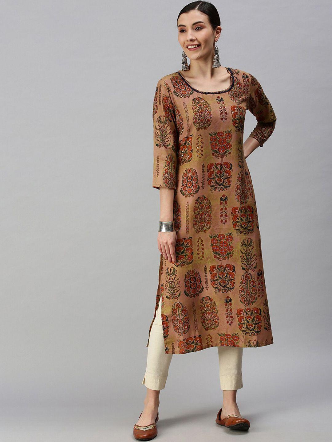 showoff women brown ethnic motifs printed kurta