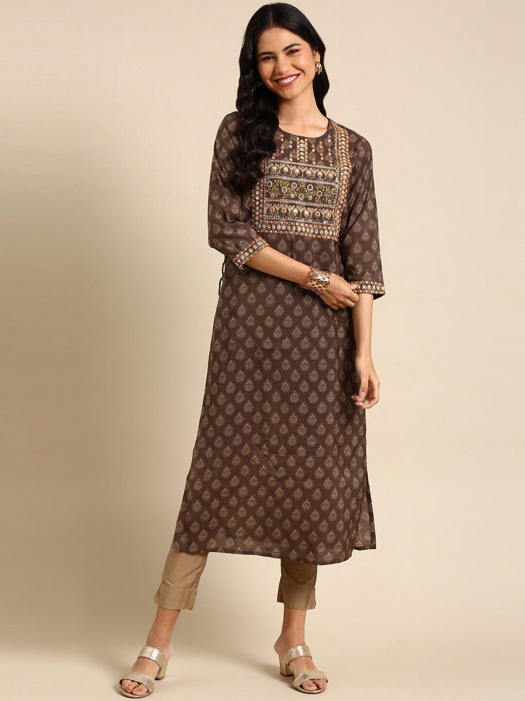 showoff women brown ethnic motifs printed mirror work kurta