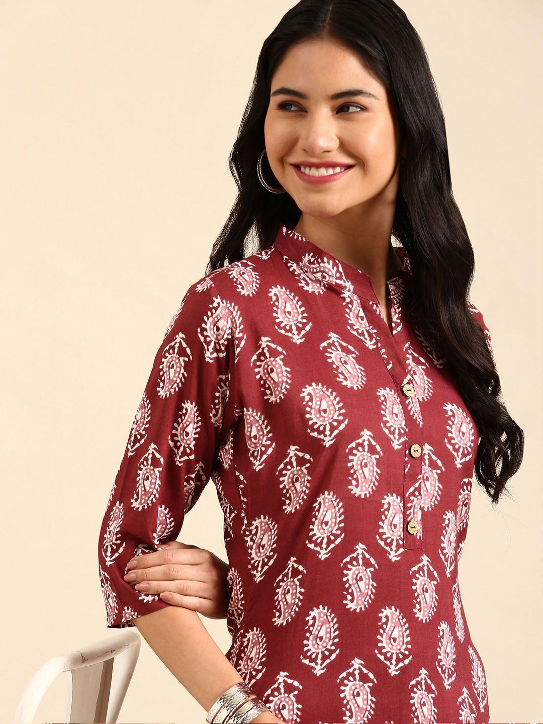 showoff women burgundy & white paisley printed block print kurta