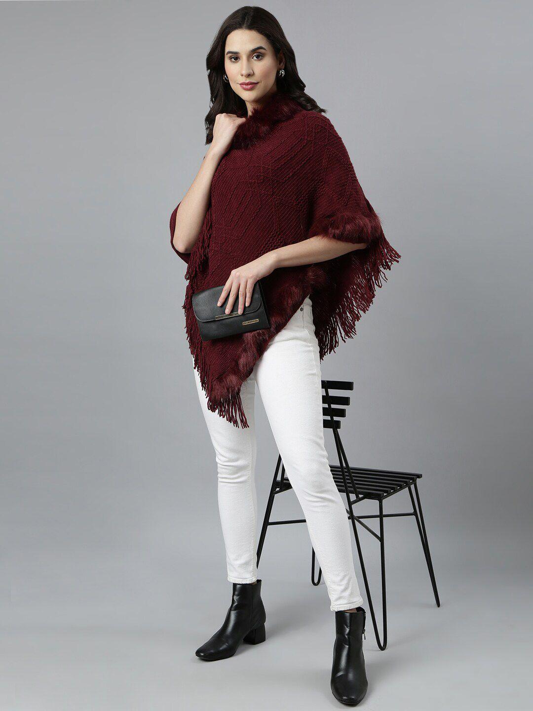 showoff women cable knit longline poncho with fringed detail