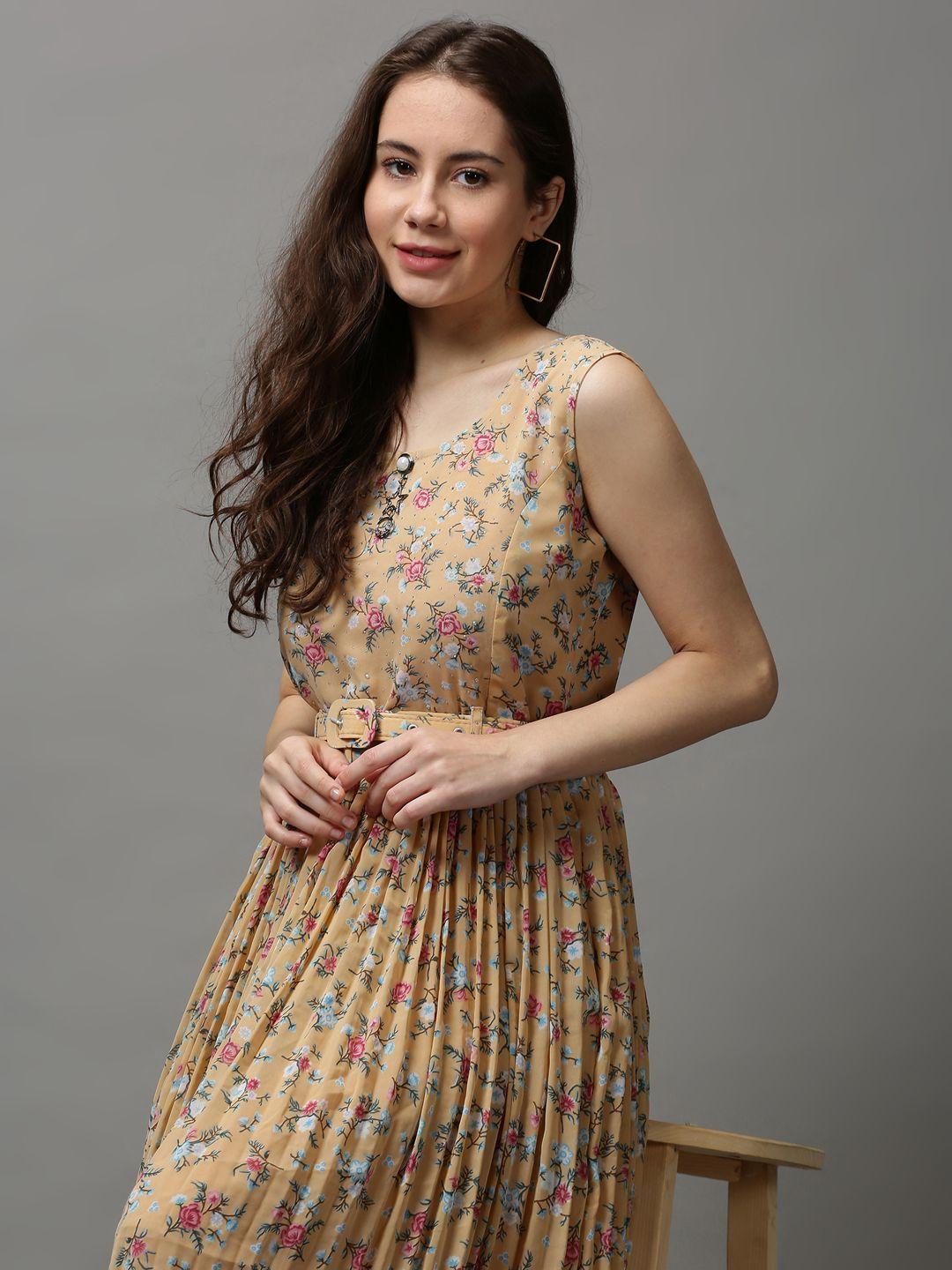 showoff women camel brown floral chiffon a-line midi dress