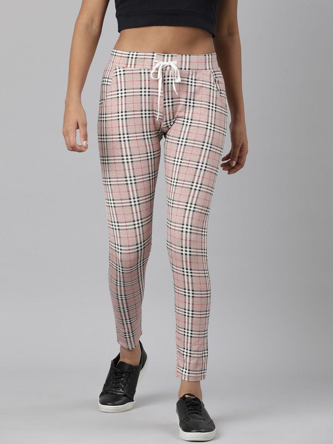 showoff women checked slim fit mid-rise track pants