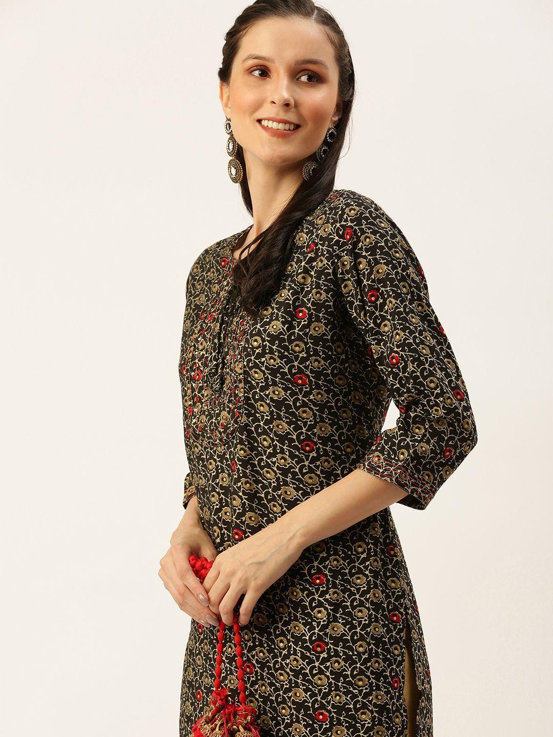 showoff women coffee brown floral printed floral kurta