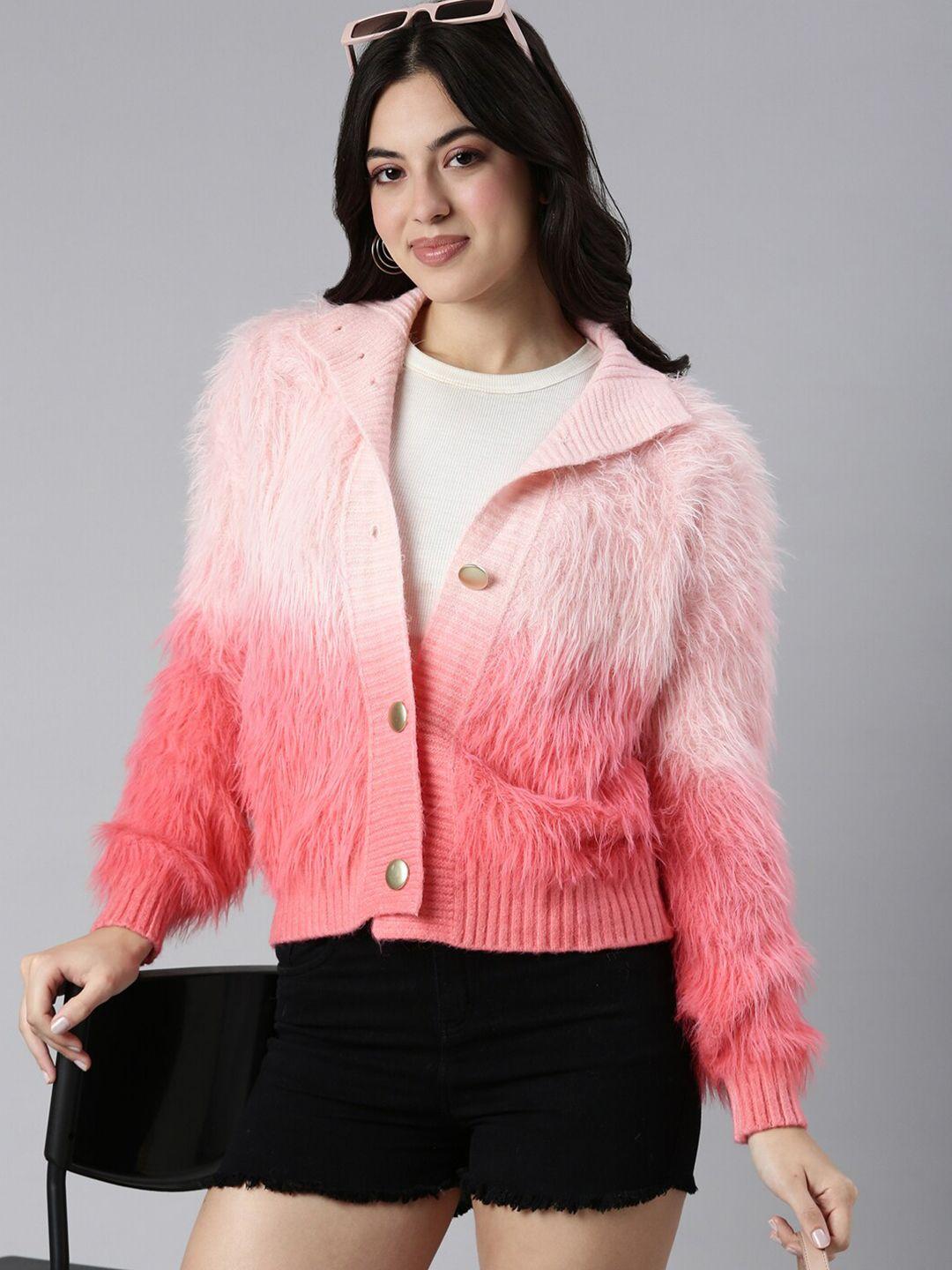 showoff women colourblocked cardigan with fuzzy detail