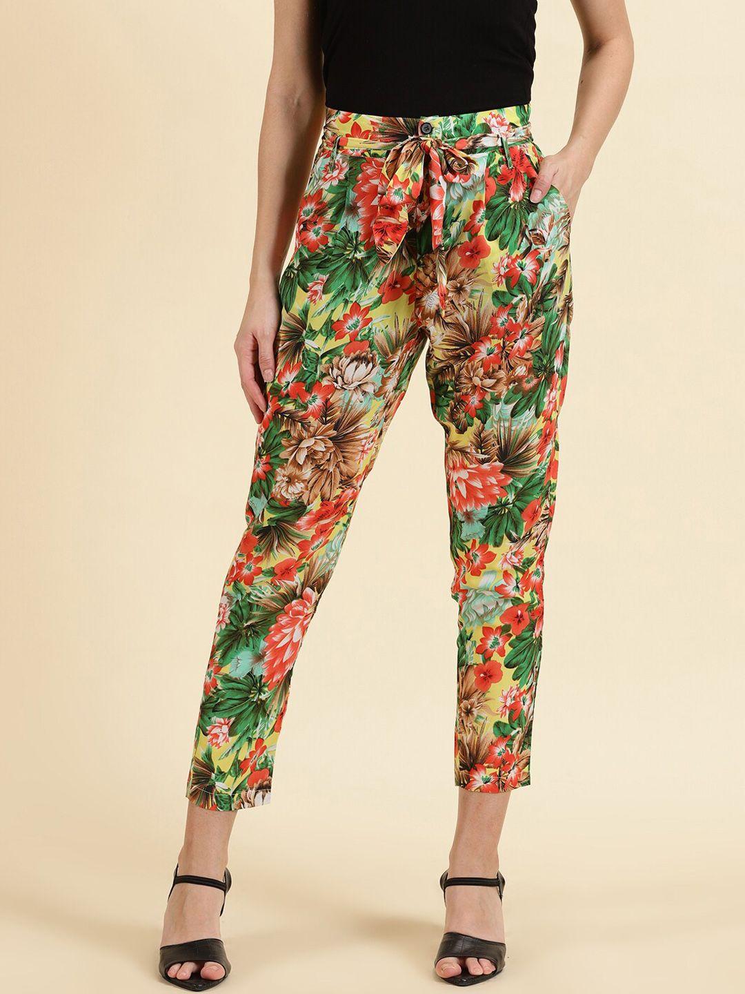 showoff women comfort fit high-rise floral printed trousers with a belt