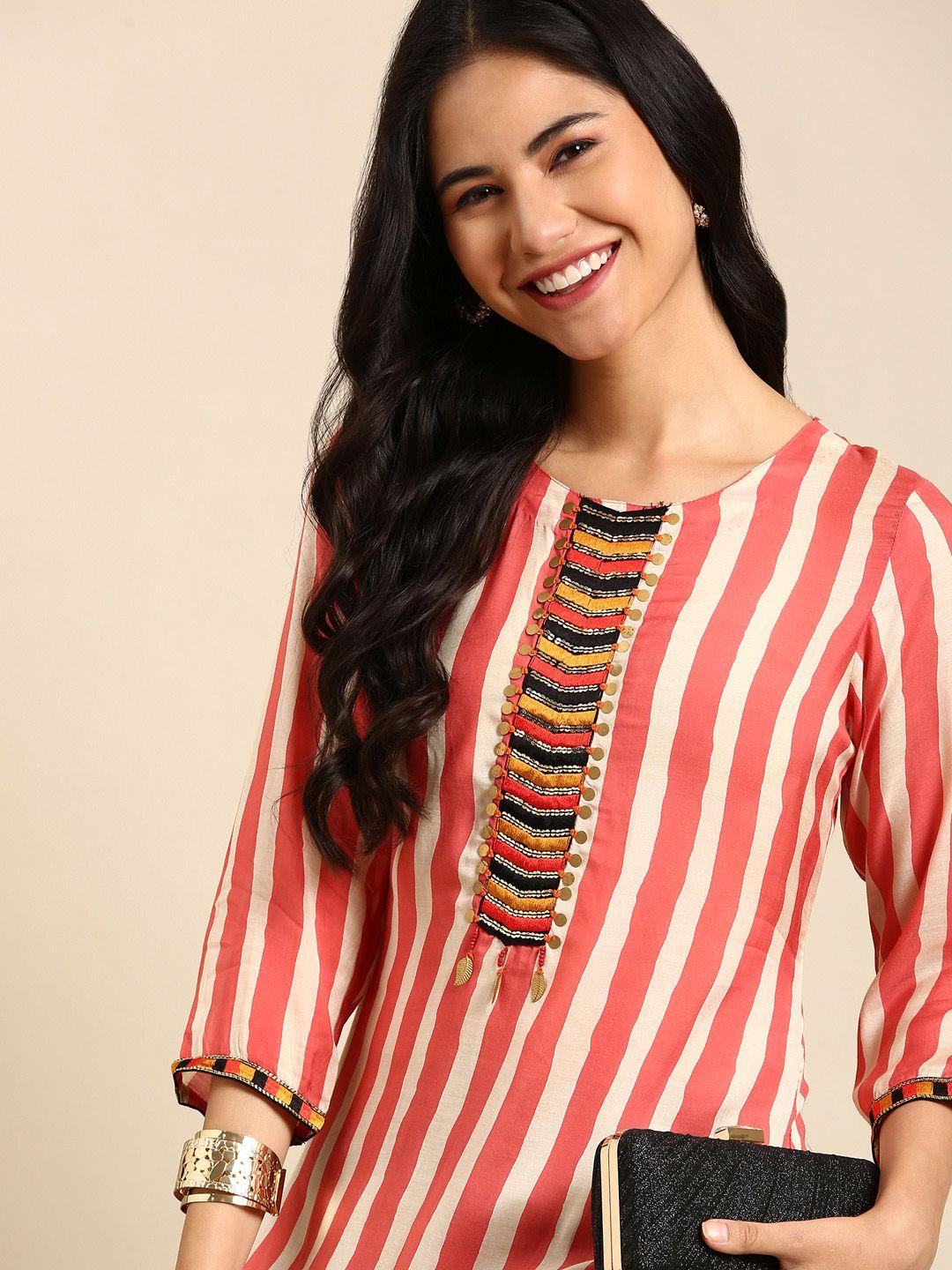 showoff women coral & brown striped cotton kurta