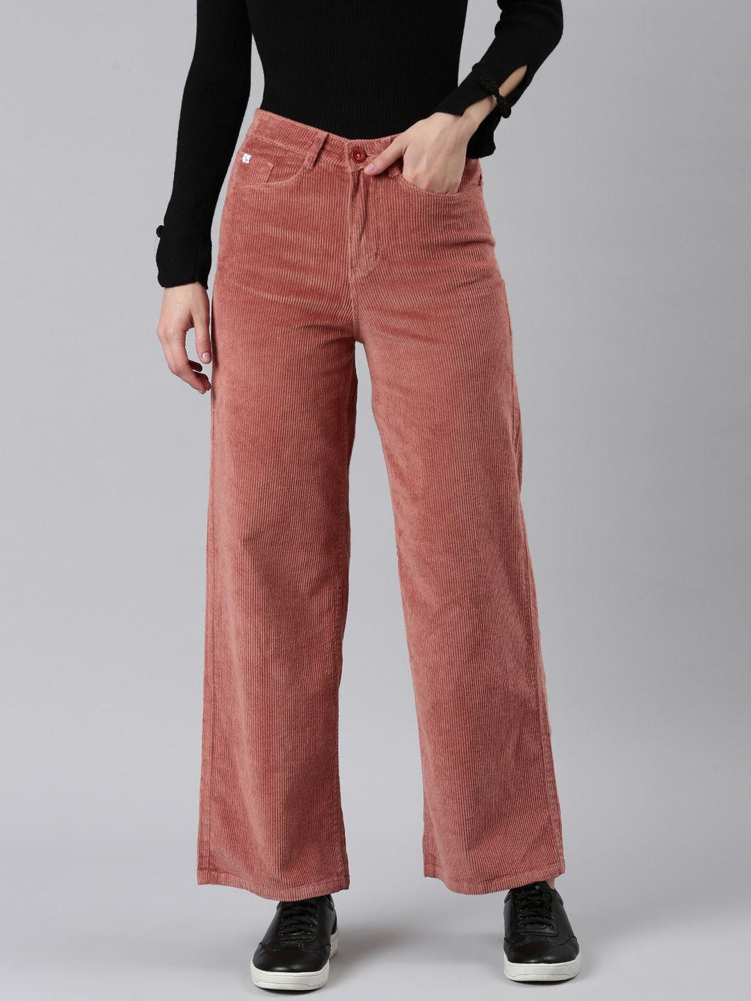showoff women coral straight fit high-rise cotton parallel trousers