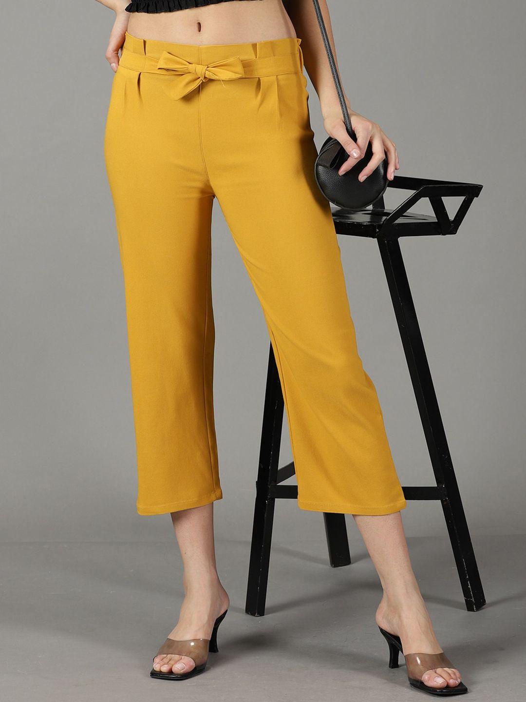 showoff women cotton relaxed straight fit high-rise trousers