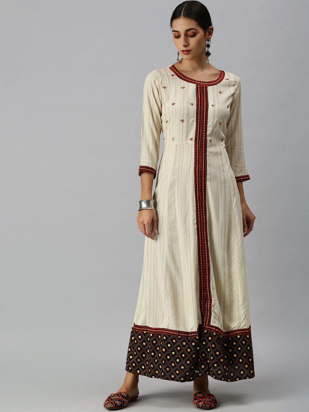 showoff women cream-coloured embroidered thread work anarkali kurta