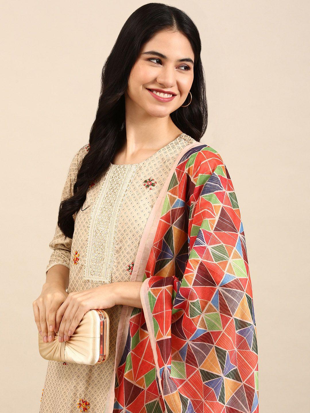 showoff women cream-coloured printed sequinned chanderi cotton kurta with palazzos & with dupatta