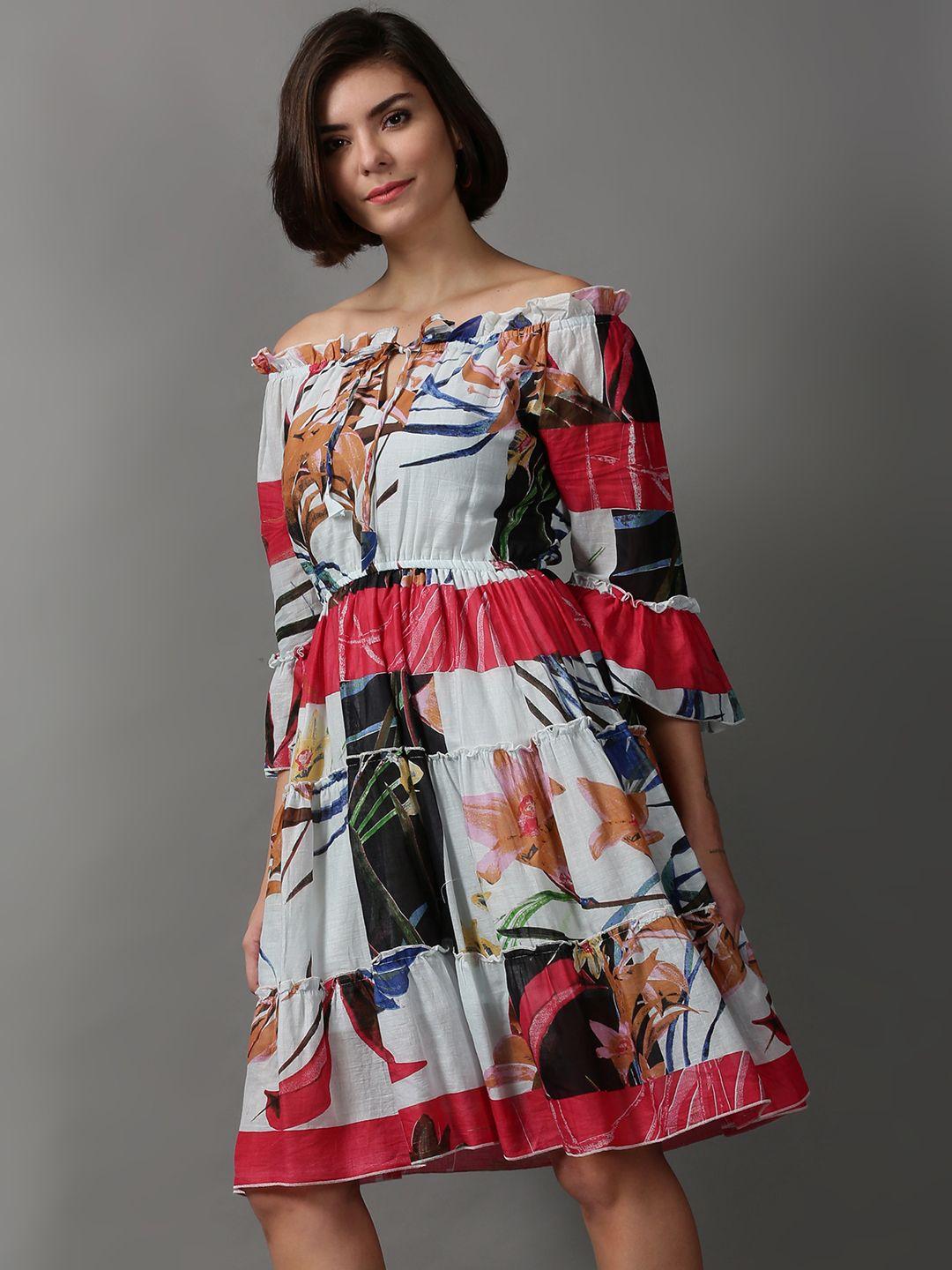 showoff women floral printed off- shoulder cotton tiered dress