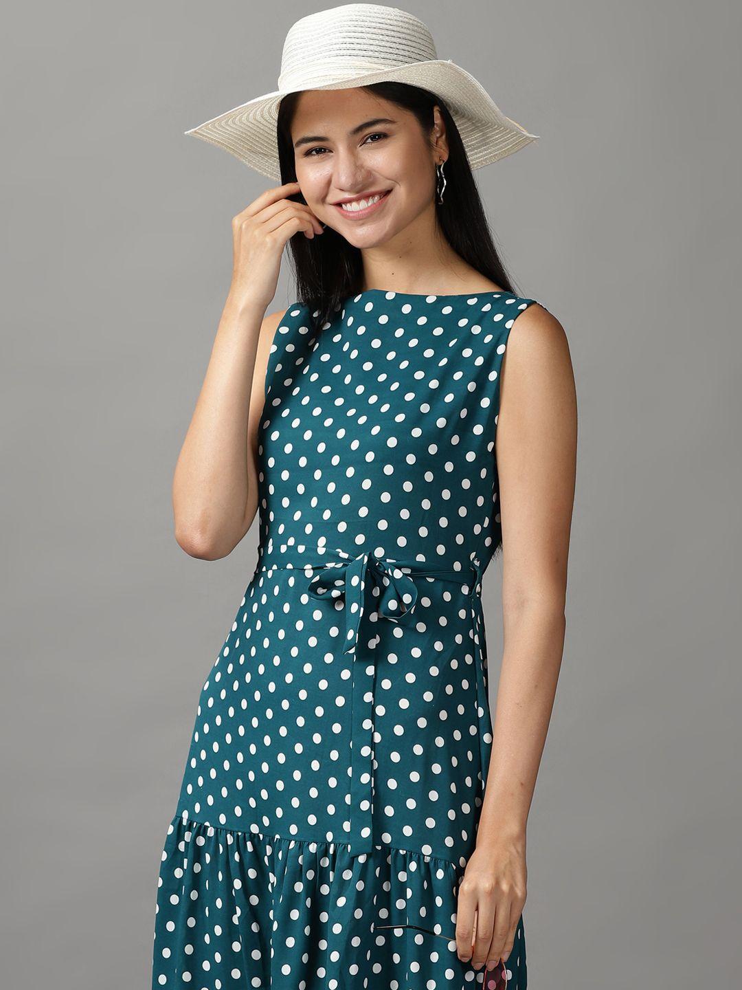 showoff women green & white chiffon a-line polka dots dress