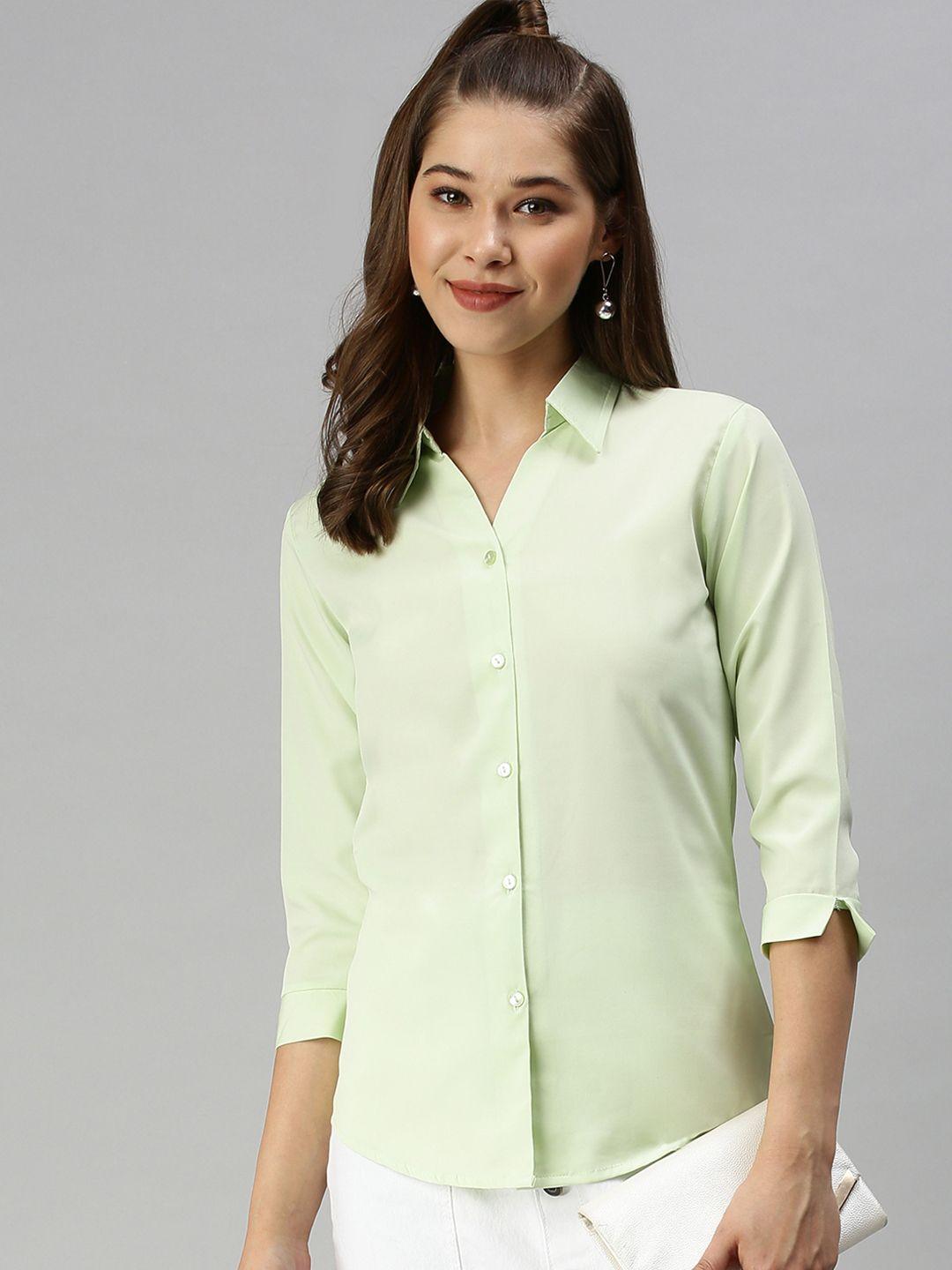 showoff women green comfort slim fit casual shirt