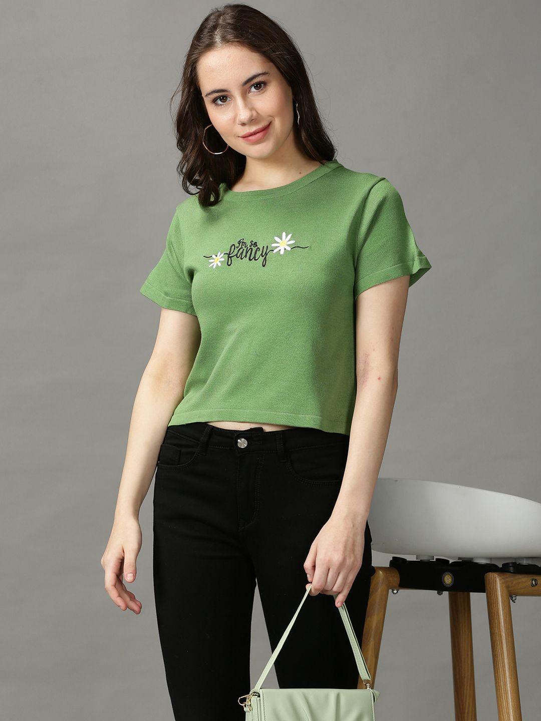 showoff women green embroidered oversized crop t-shirt