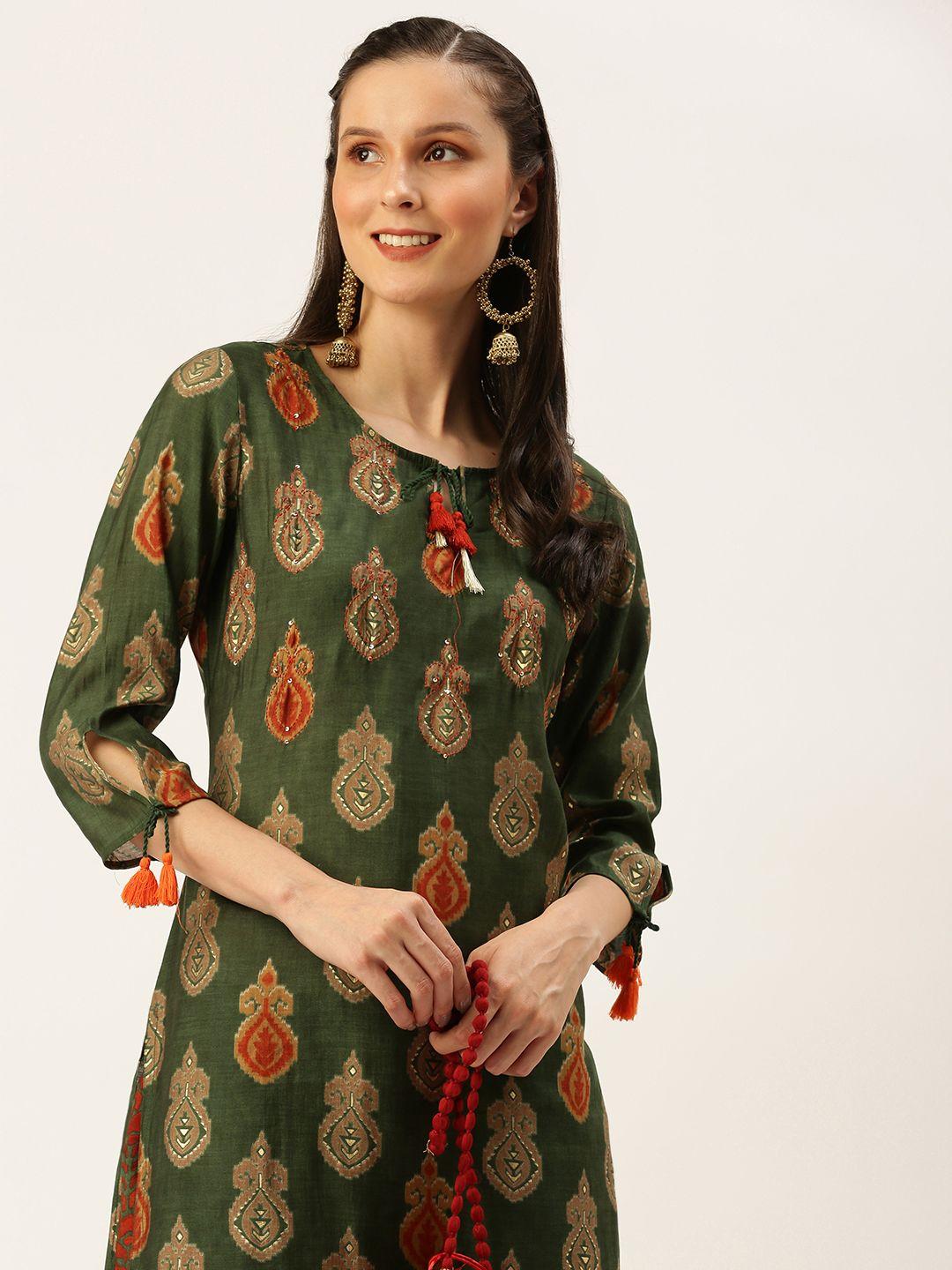 showoff women green ethnic motifs printed sequinned kurti with pyjama