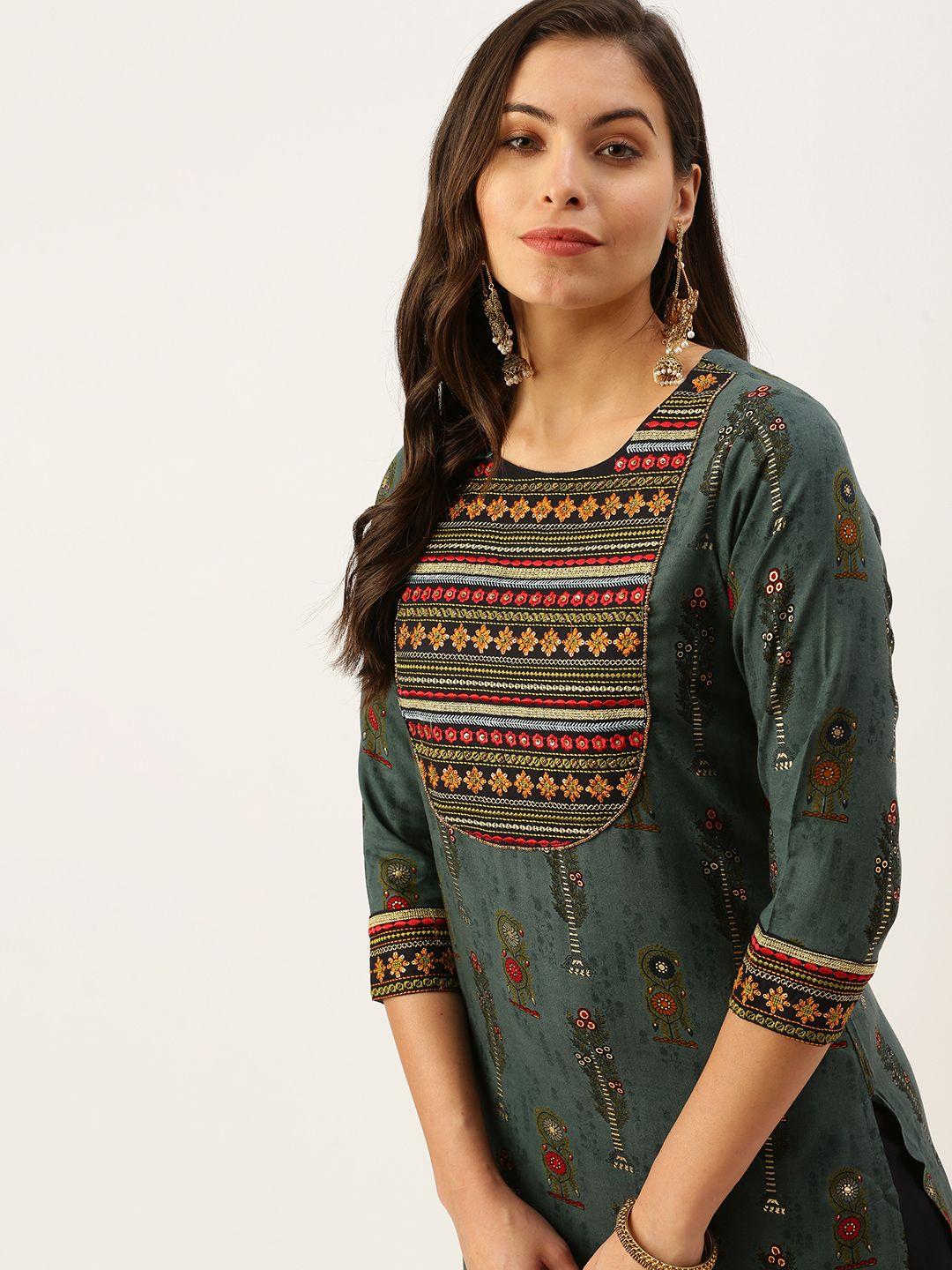 showoff women green ethnic motifs yoke design kurta with palazzos