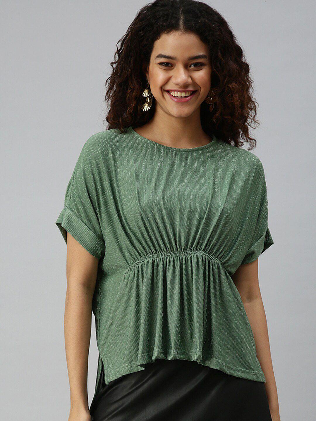 showoff women green extended sleeves cinched waist top