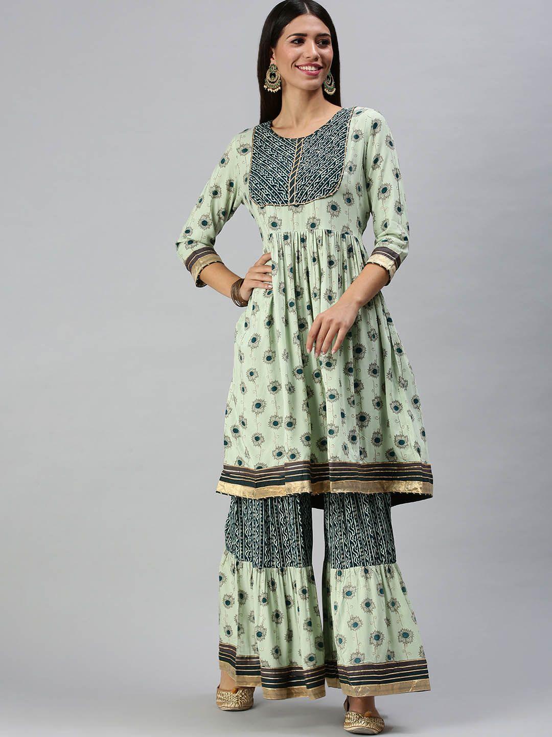 showoff women green floral embroidered empire gotta patti kurta with sharara
