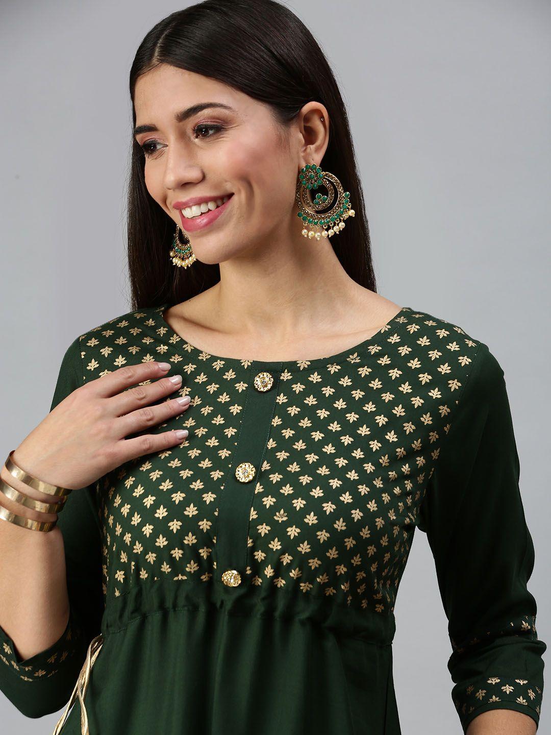 showoff women green floral printed kurta with trousers
