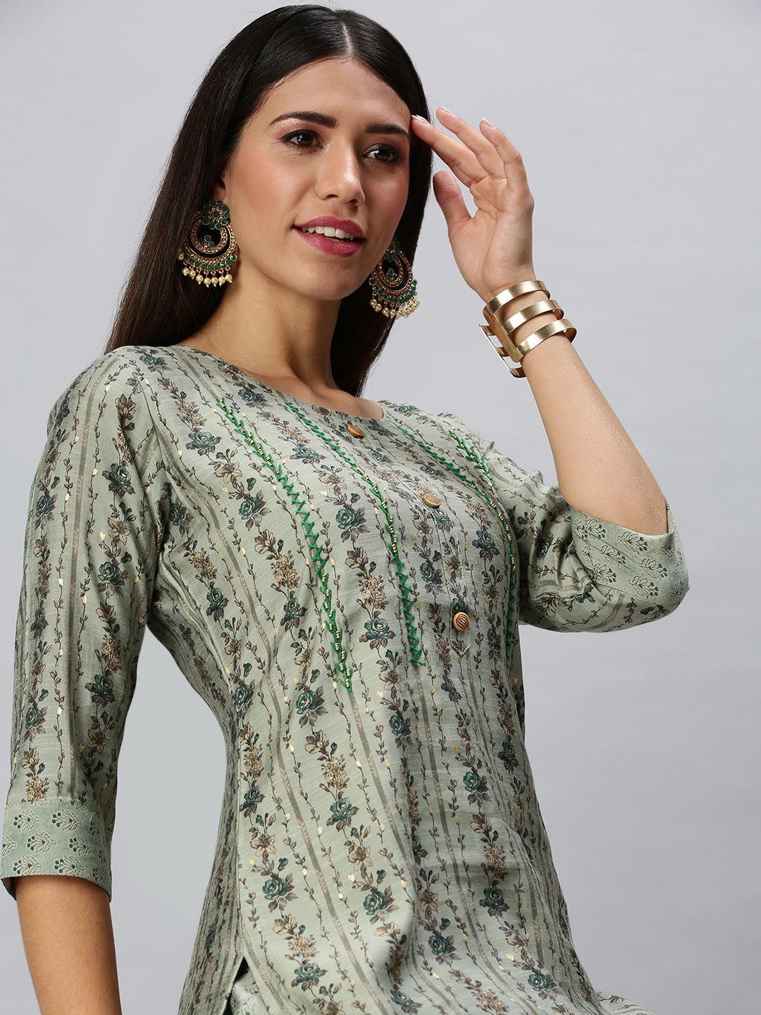 showoff women green floral printed straight kurta with trousers
