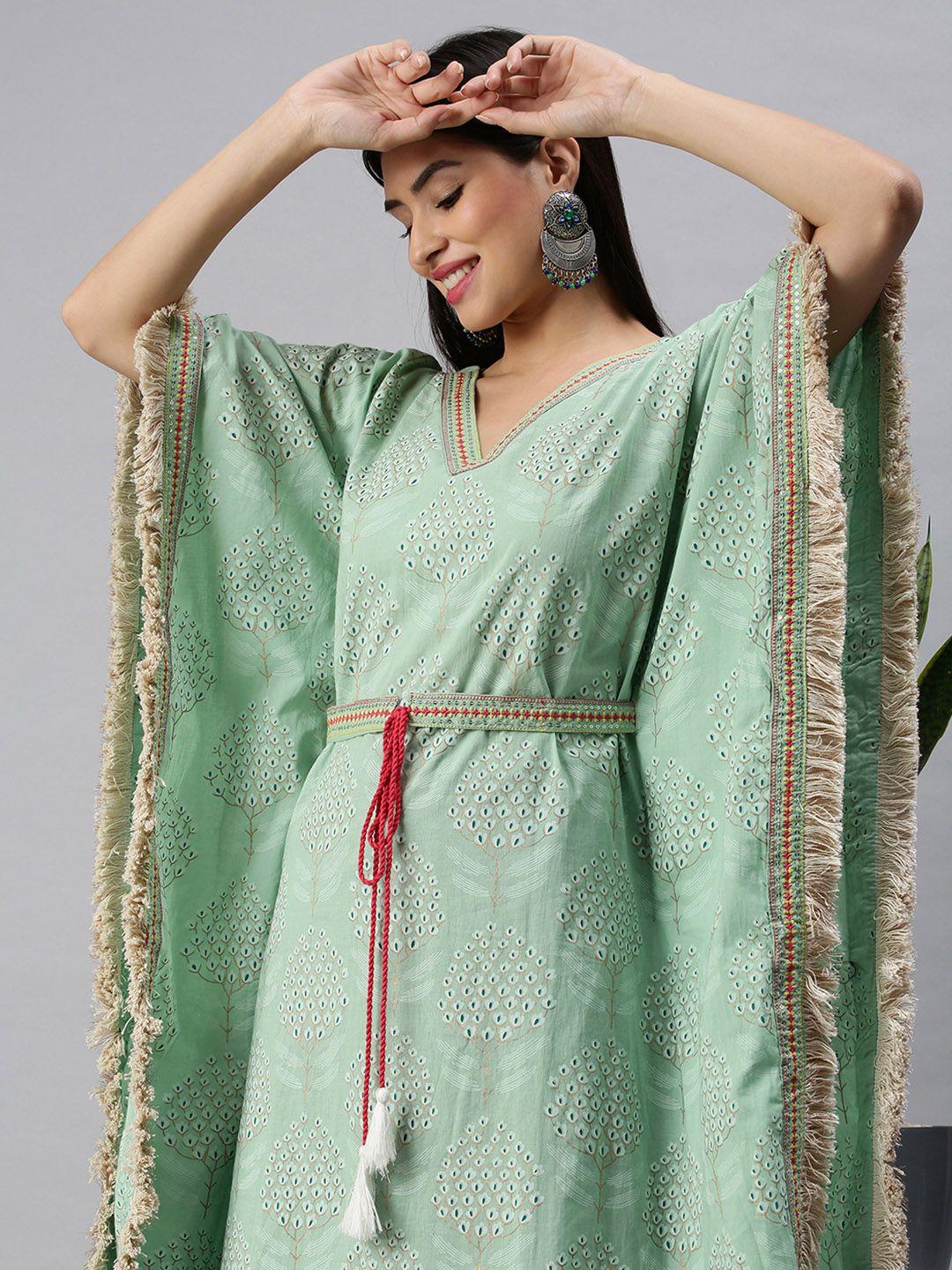 showoff women green floral short sleeves v-neck thread work kaftan kurta sets