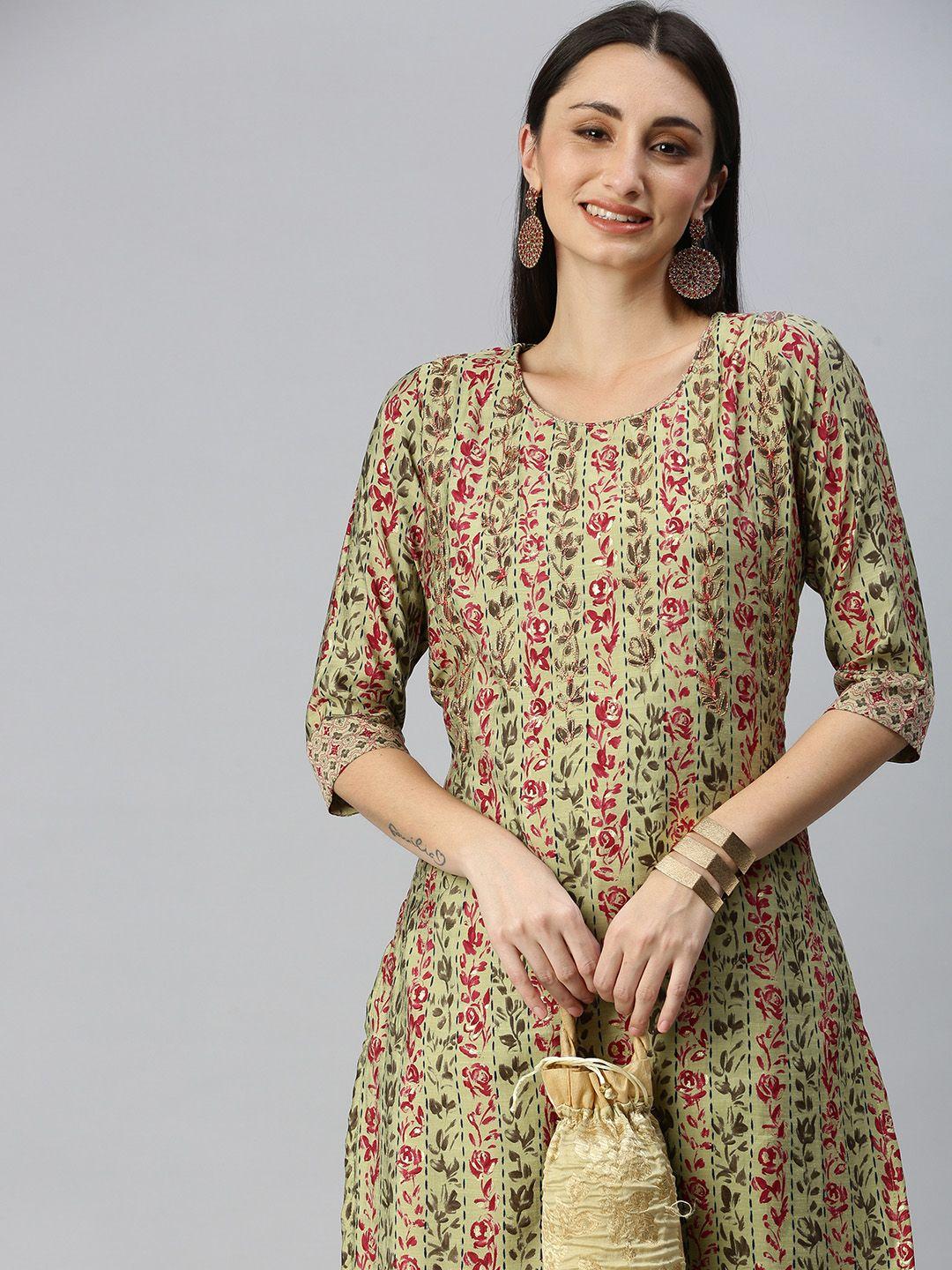 showoff women green floral thread work straight kurta sets