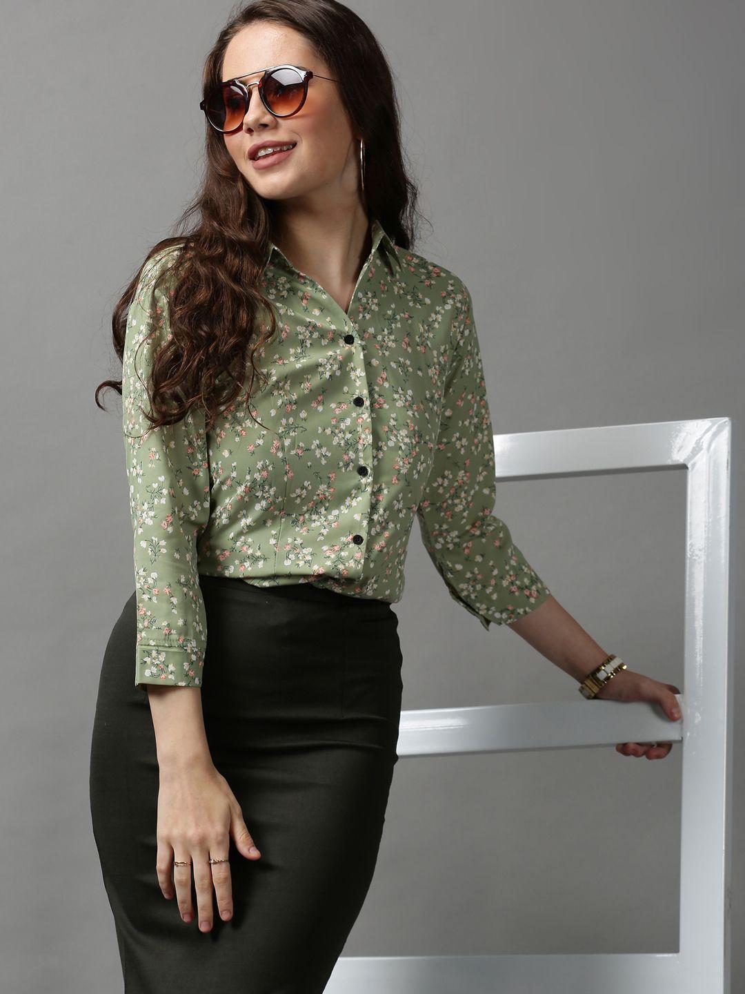 showoff women green slim fit floral printed casual shirt