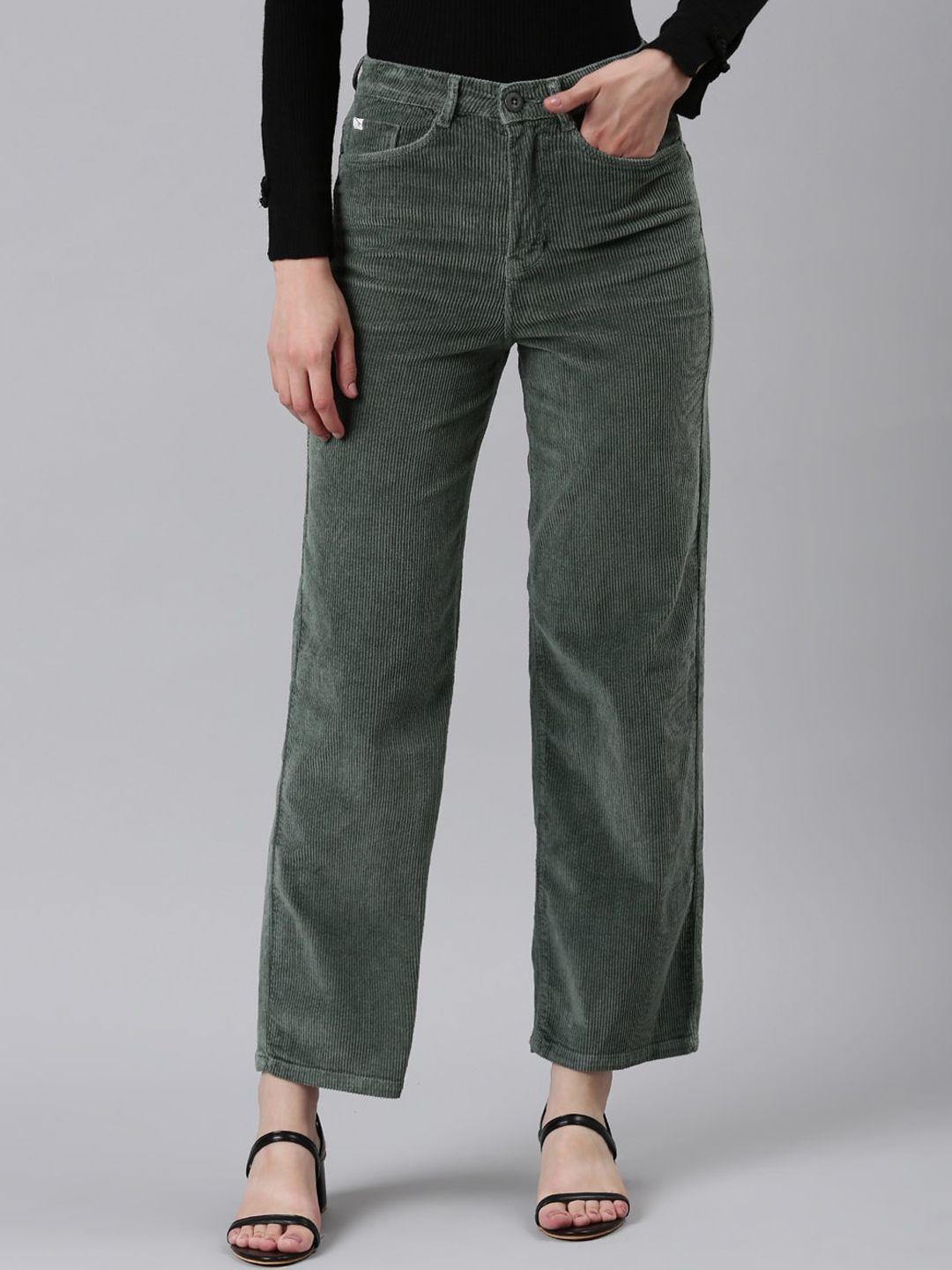 showoff women green straight fit high-rise cotton parallel trousers