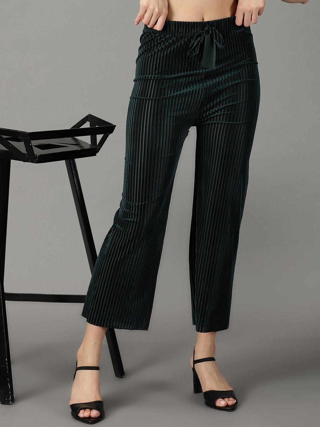 showoff women green striped relaxed straight fit trousers