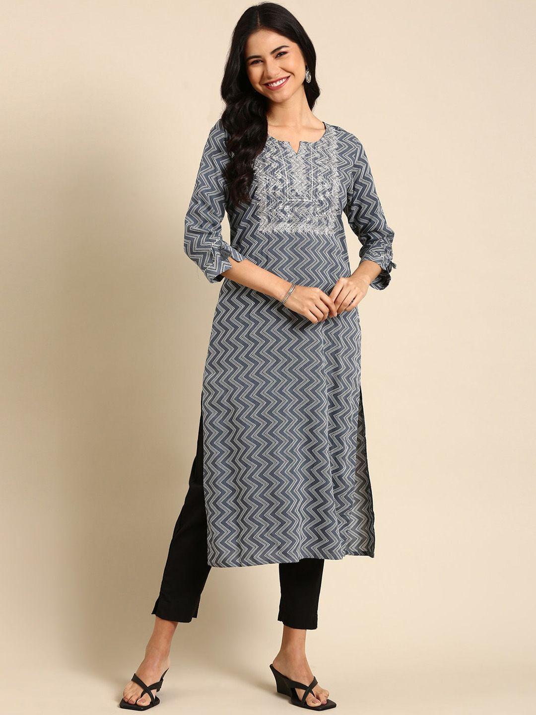 showoff women grey & black chevron printed thread work kurta