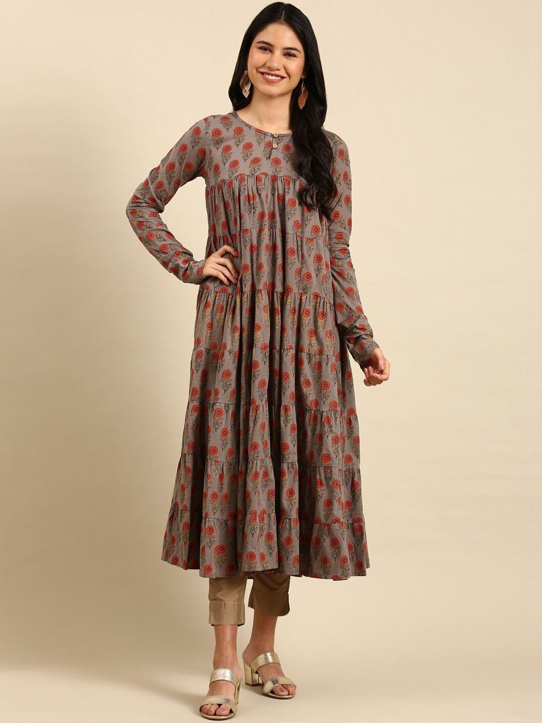 showoff women grey & red floral printed block print anarkali cotton kurta