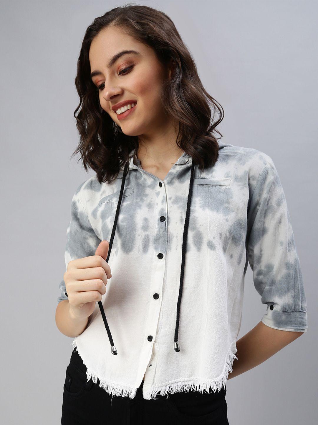 showoff women grey & white hooded printed casual shirt