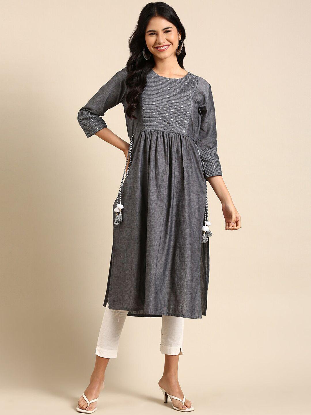 showoff women grey embellished cotton kurta